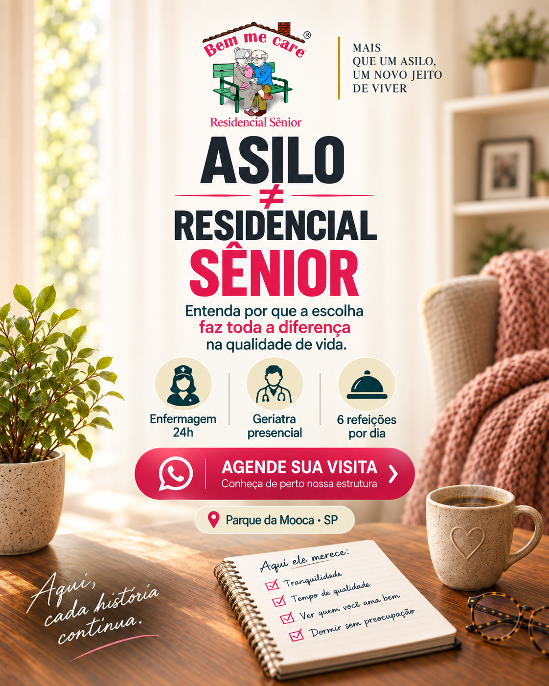 Criativo da Bem Me Care Residencial Sênior com ambiente acolhedor, benefícios de cuidado e localização no Parque da Mooca