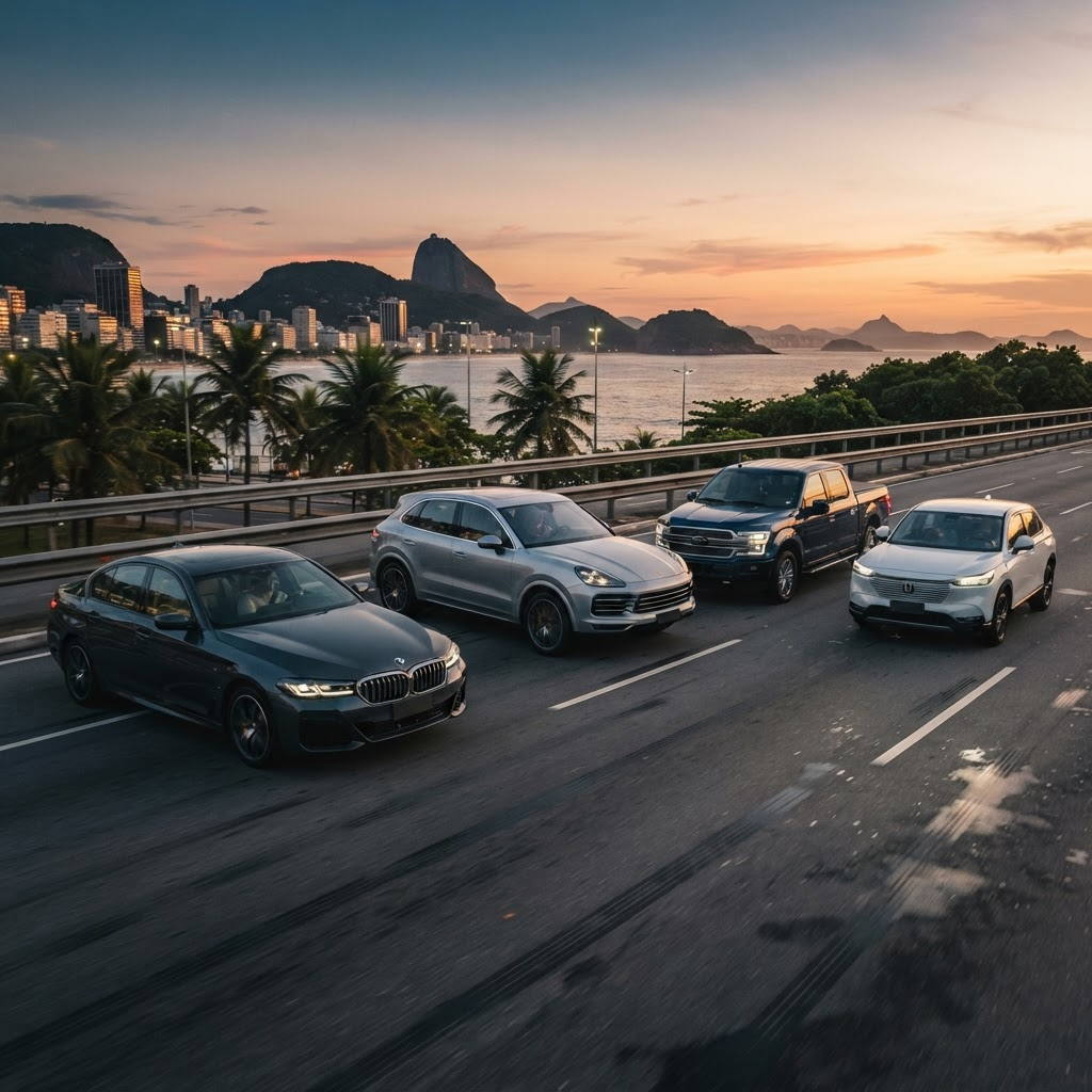 Seleção editorial de carros premium e SUVs em estrada urbana ao entardecer