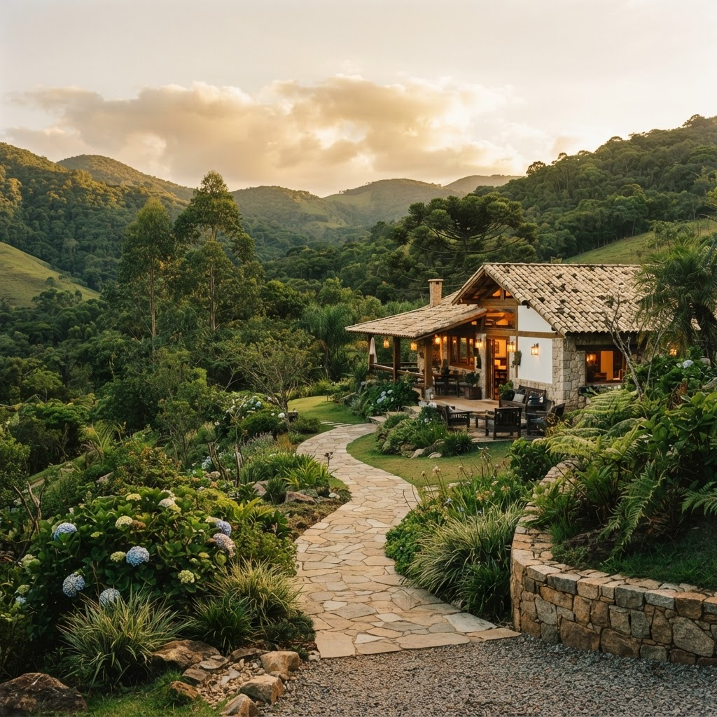 Paisagem editorial de natureza e descanso no interior de São Paulo