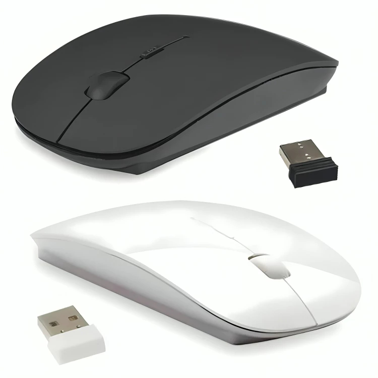 Dois mouses sem fio ultrafinos, um preto e um branco, cada um ao lado do seu receptor USB, sobre fundo branco
