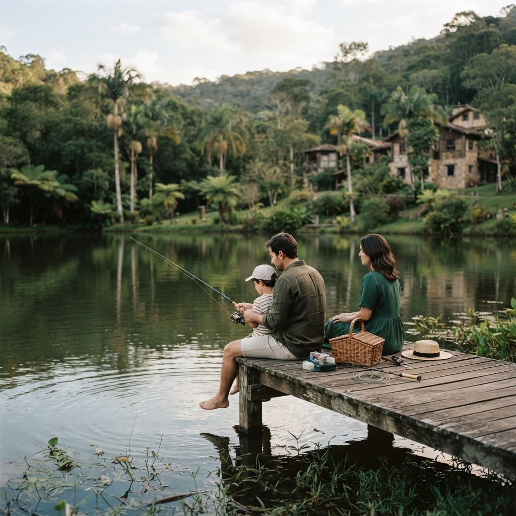 Lago tranquilo cercado por verde em um pesqueiro perto de São Paulo