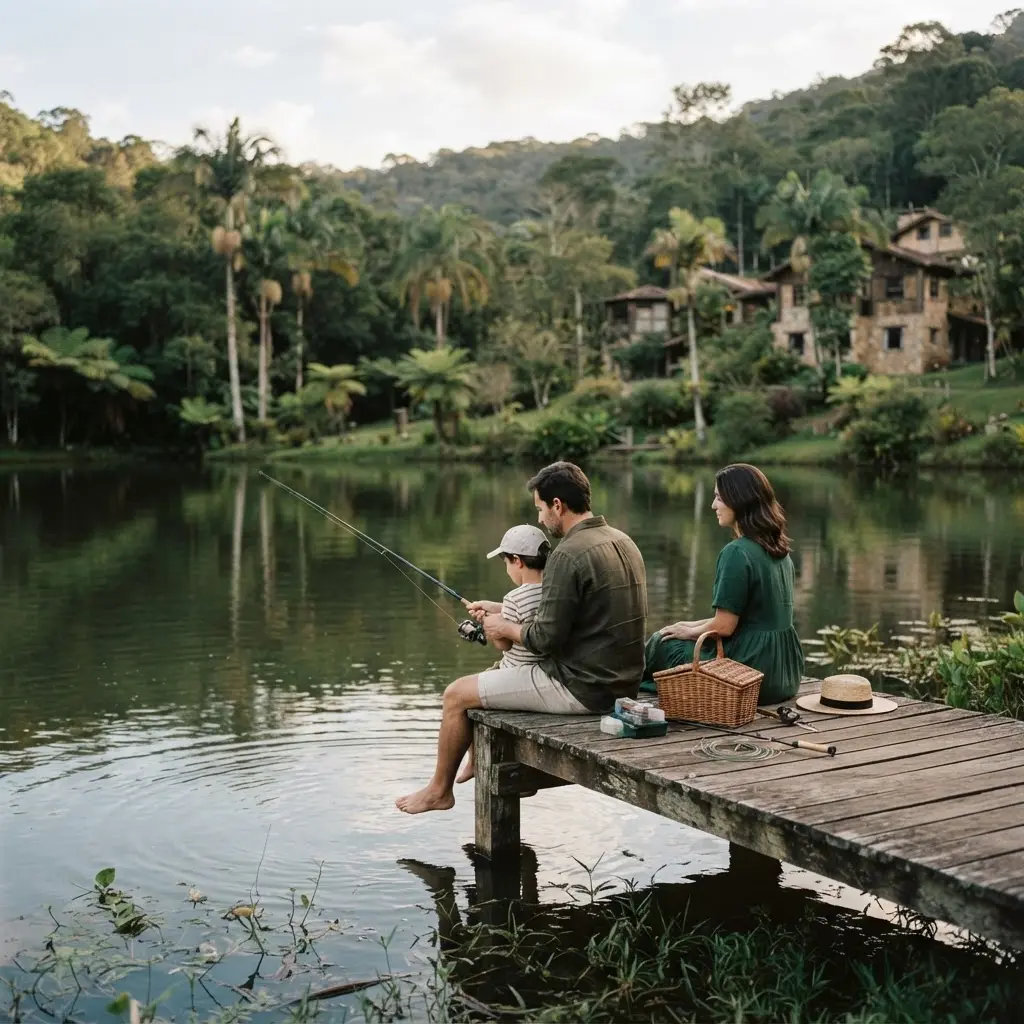 Lago tranquilo cercado por verde em um pesqueiro perto de São Paulo