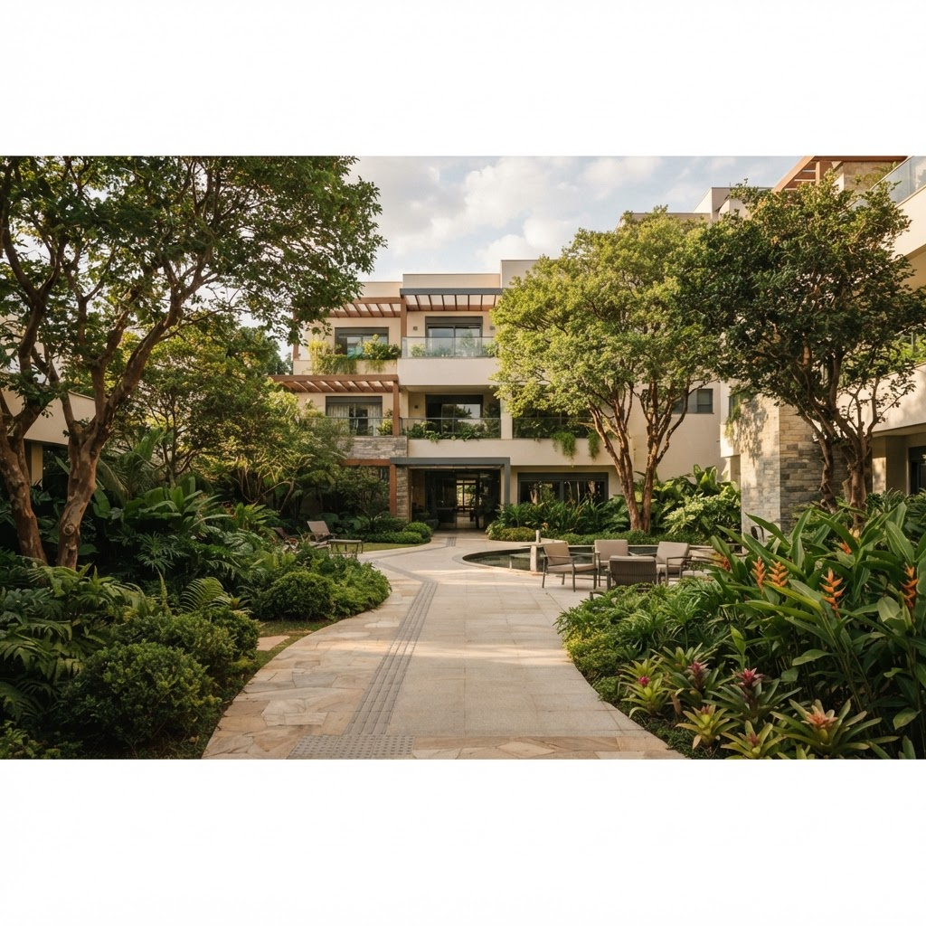 Pátio acolhedor e acessível de um residencial sênior