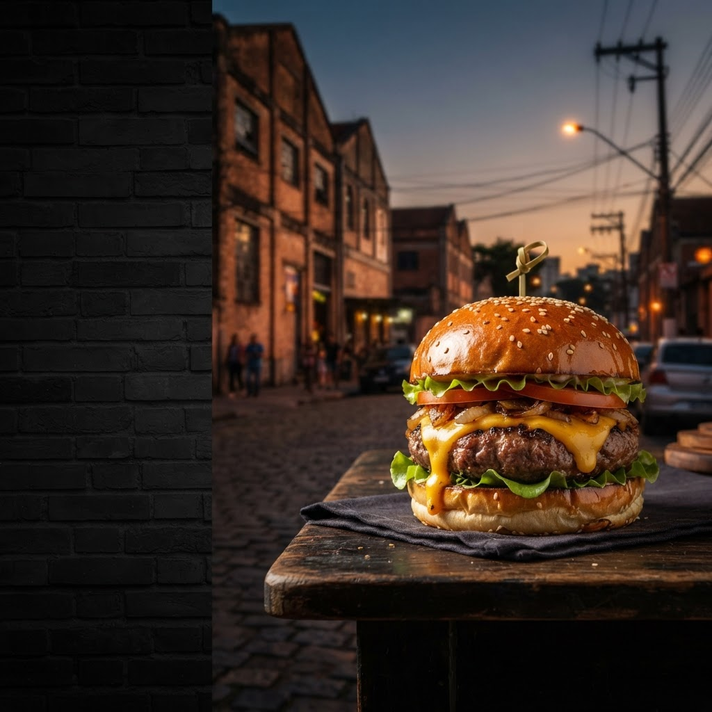 Hambúrguer artesanal sobre a paisagem urbana da Mooca